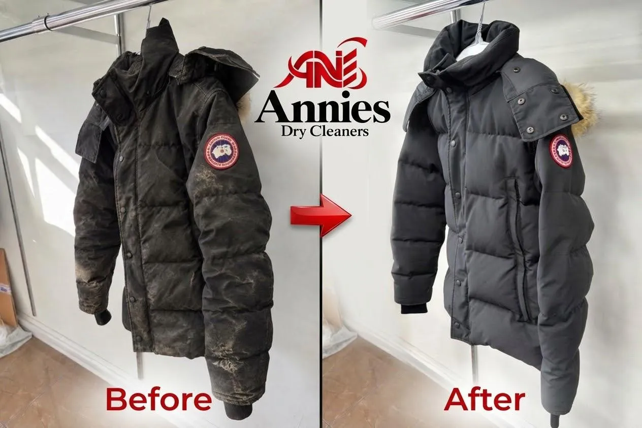 Black puffer coat before and after cleaning, with extensive surface stains removed.