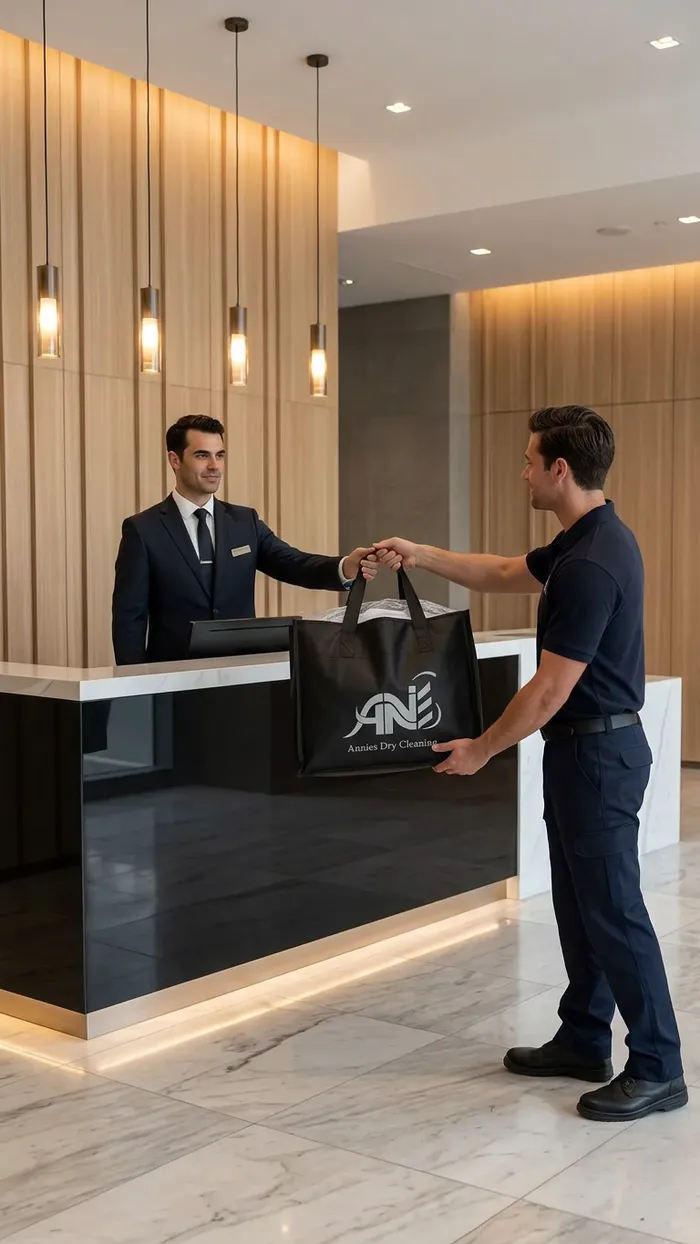 Annies Dry Cleaning collection bag handed to a building concierge
