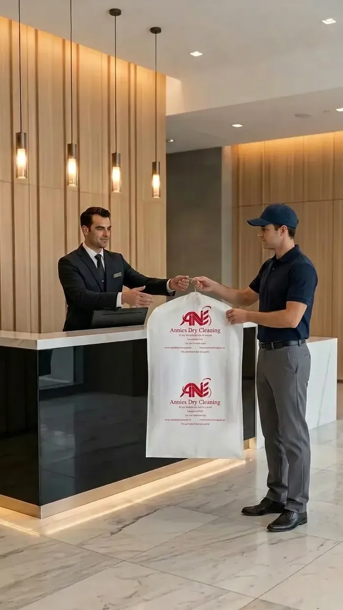 Freshly cleaned garment bag returned through a residential building reception