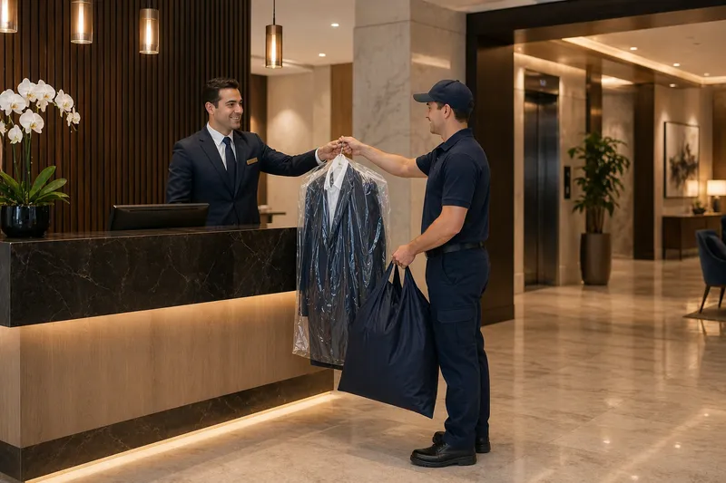 Dry cleaning pickup and drop-off arranged at a commercial and residential building entrance