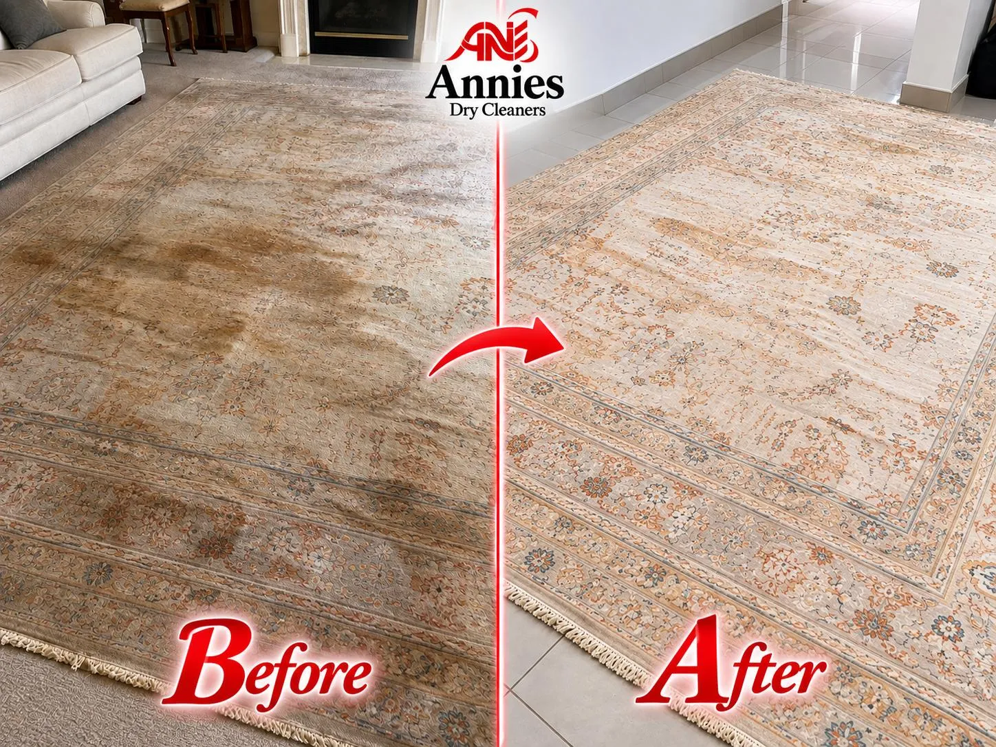Cream Persian rug before and after cleaning, with stains removed from its intricate pattern.