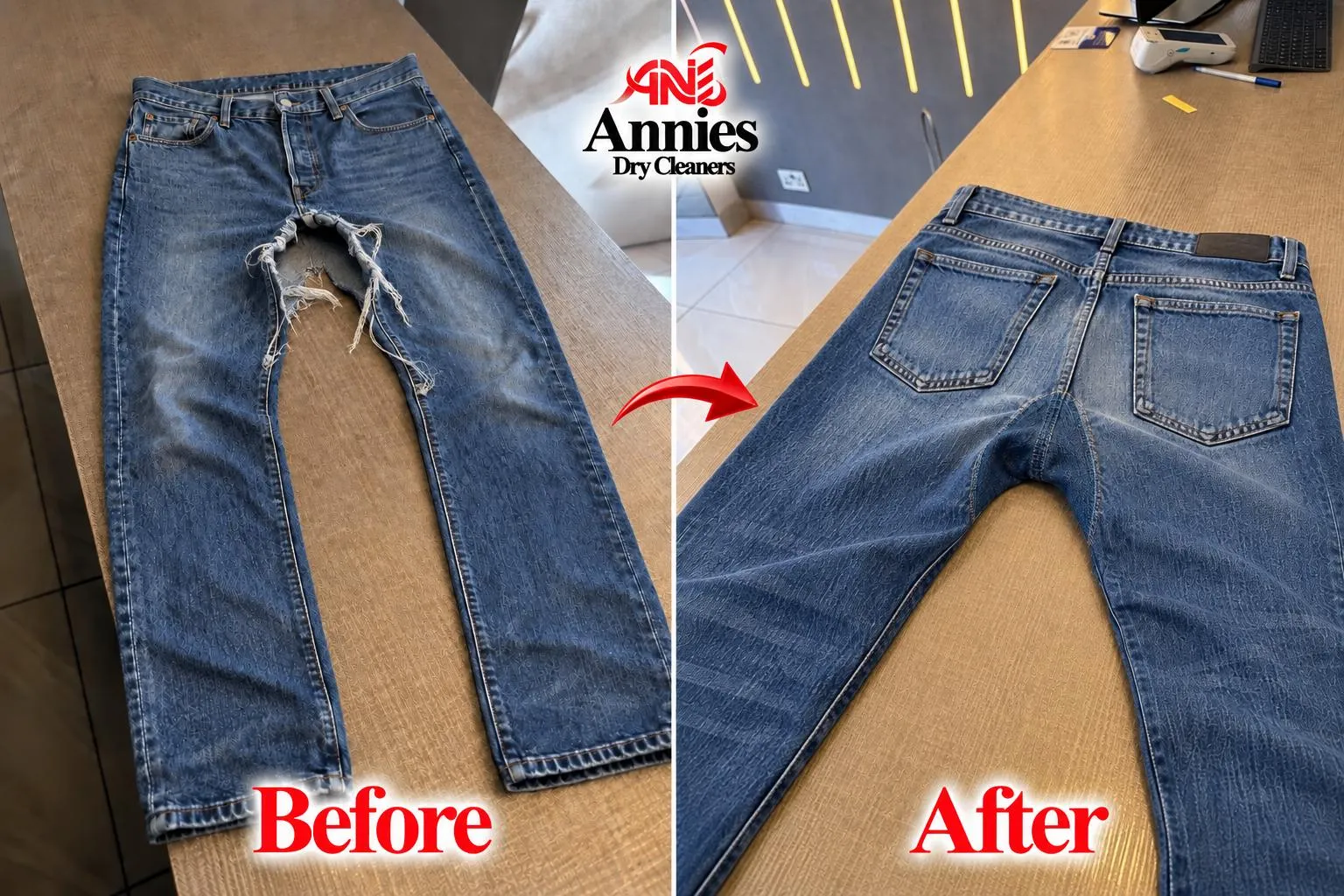 Blue jeans before and after repair of a large tear at the inner seam.