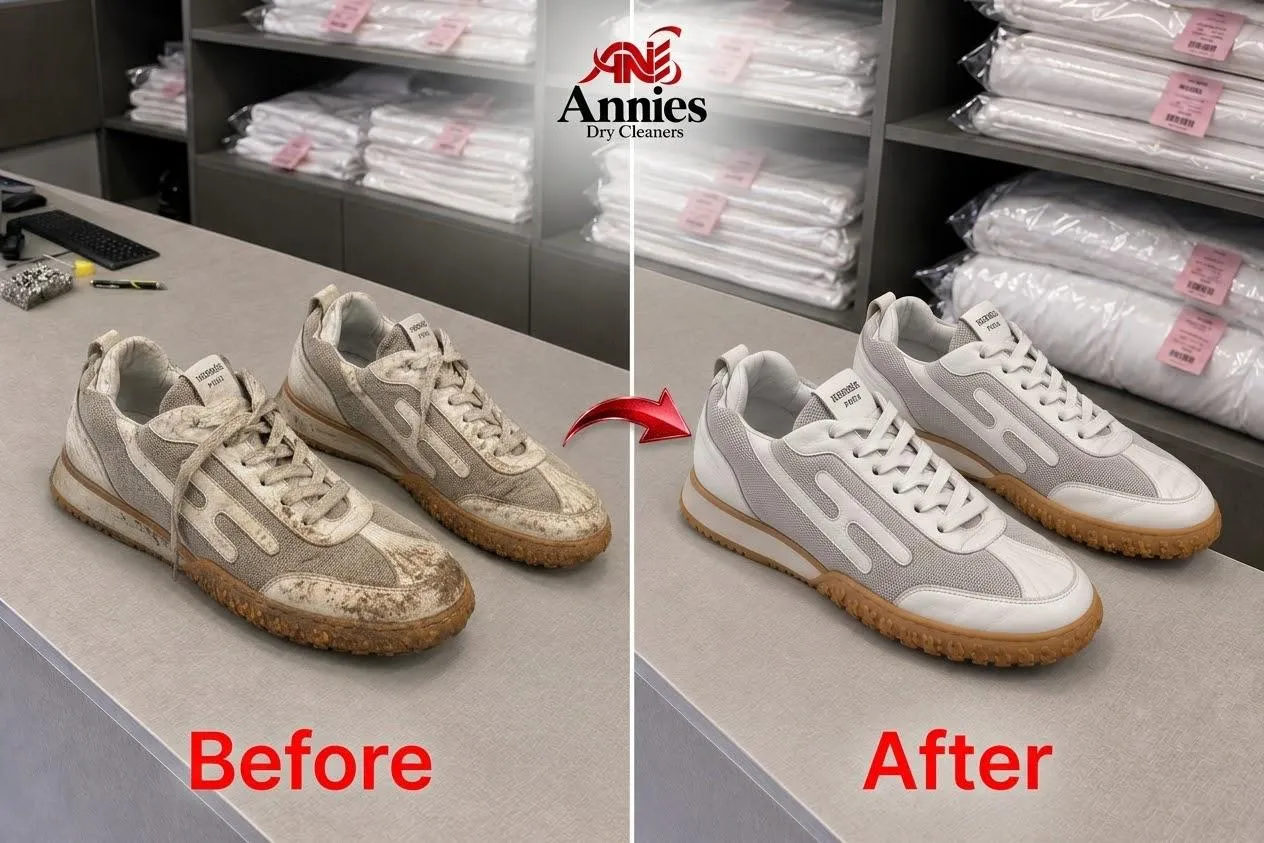 Grey and white designer trainers before and after cleaning of the uppers and soles.