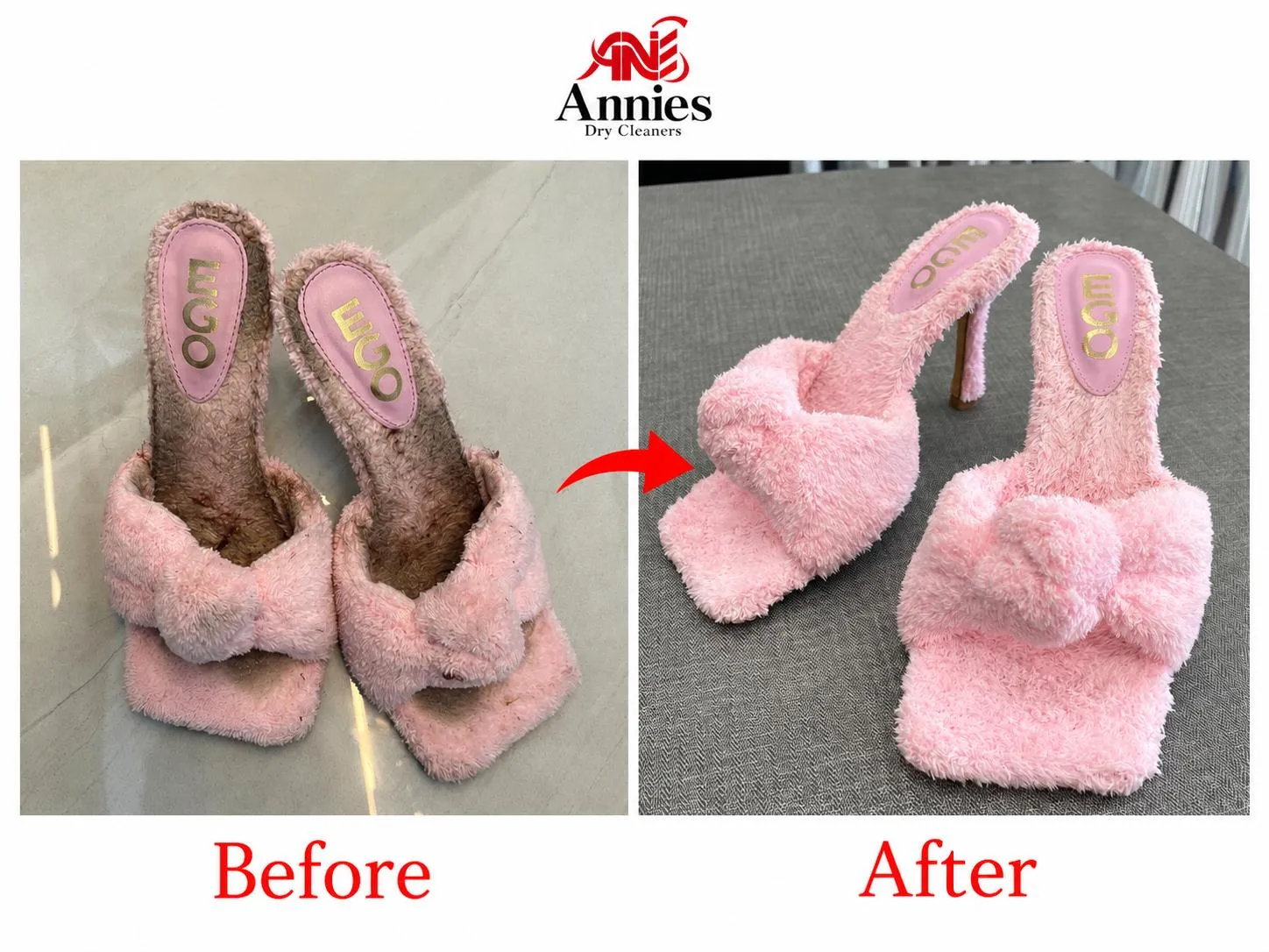 Pink textured heels before and after cleaning, with their bright pink colour restored.