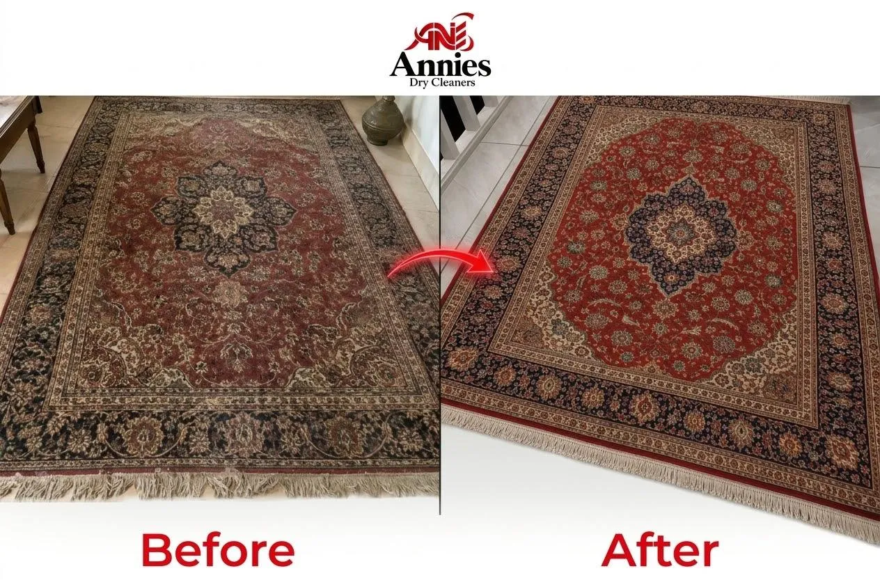 Red Persian rug before and after cleaning, revealing its rich colours and detailed pattern.