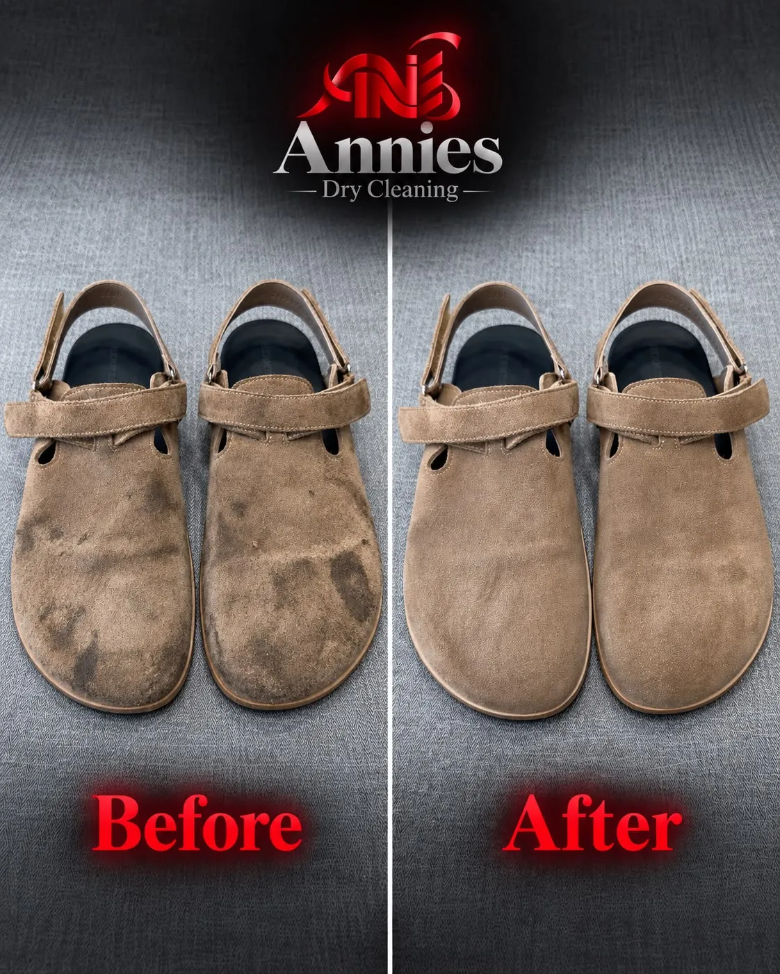 Tan suede shoes before and after cleaning, with dark marks removed from the uppers.