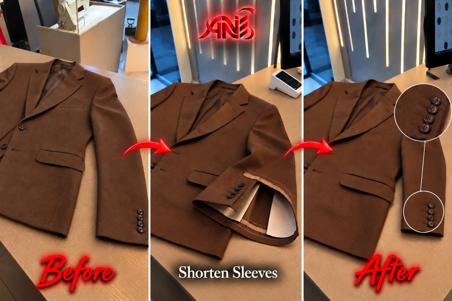 Brown suit jacket before, during and after sleeve shortening.