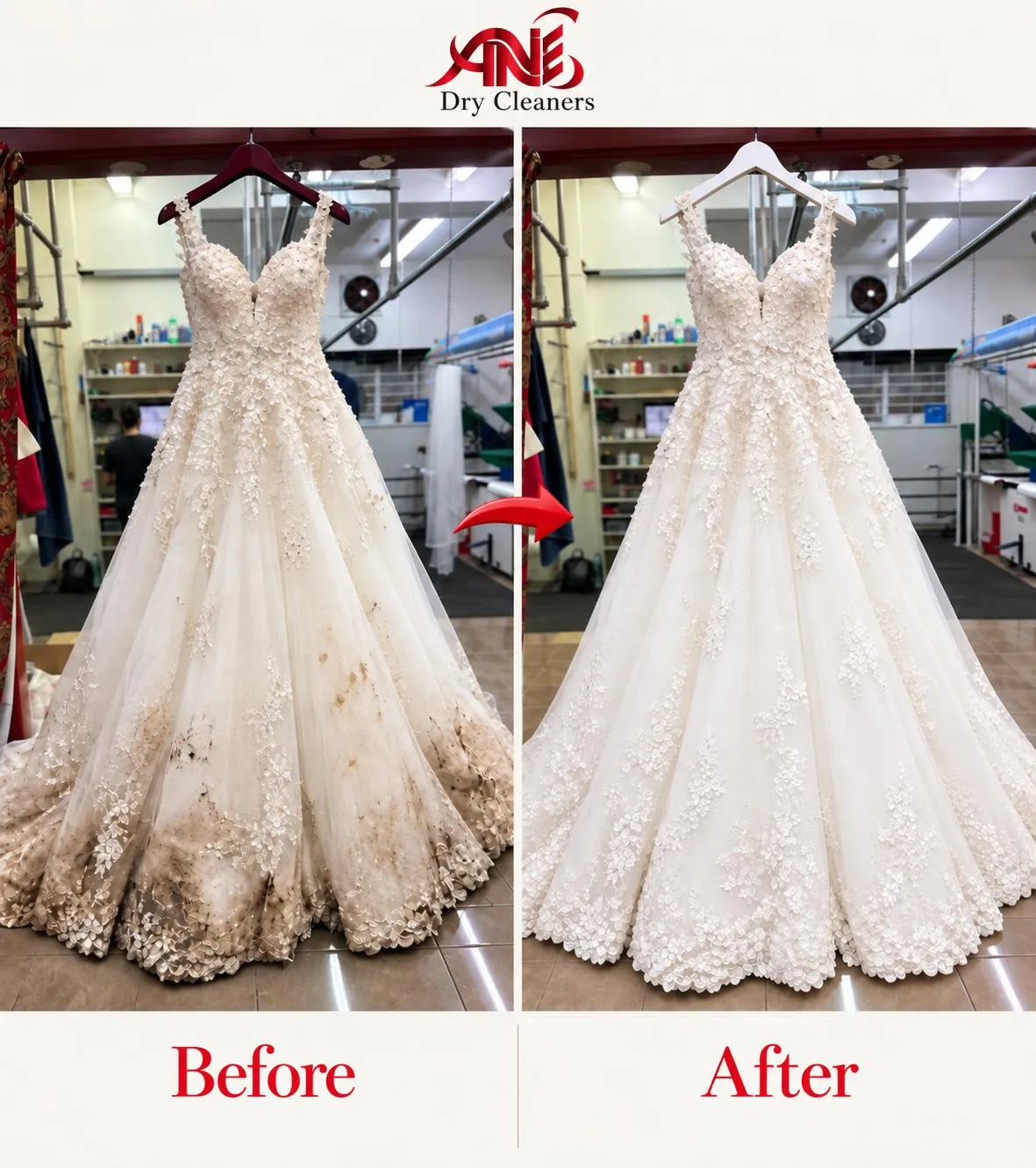 Floral lace wedding dress before and after cleaning, with mud stains removed from the skirt and hem.