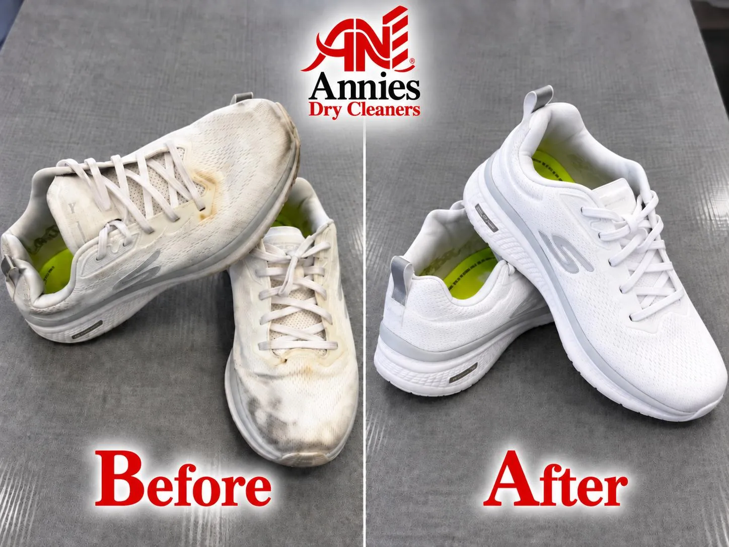 White trainers before and after cleaning, with dirt and discolouration removed.